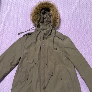 A New Approach Bella Swan inspired green utility jacket with a fur hood.